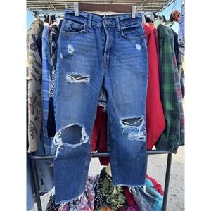 Forever 21 Distressed Jeans Women's Size 26 Blue Button Fly Straight Cut Off Hem